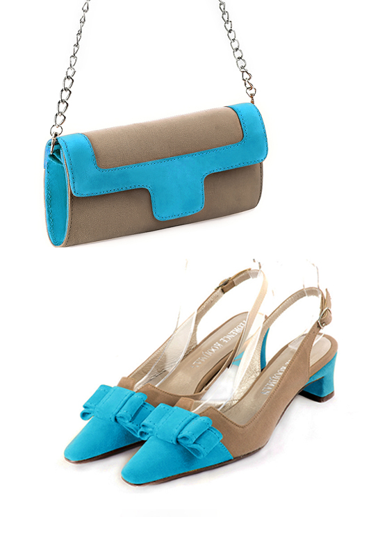Women's tan beige and turquoise blue luxurious elegant clutch for ceremonies, weddings and evenings out. - Worn view